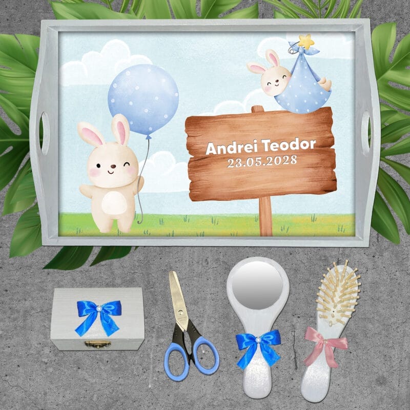 Tăviță moț băiat cu iepurași - AMTMB-19 - set alb - amintirimagice.ro