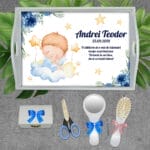 Tăviță moț băiat cu nume, dată și mesaj - AMTMB-22 - set alb - amintirimagice.ro