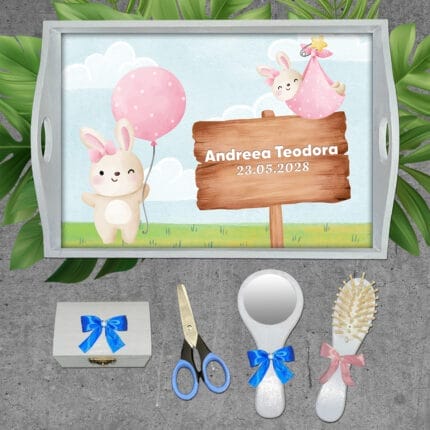 Tăviță moț fată cu iepurași - AMTMF-19 - set alb - amintirimagice.ro