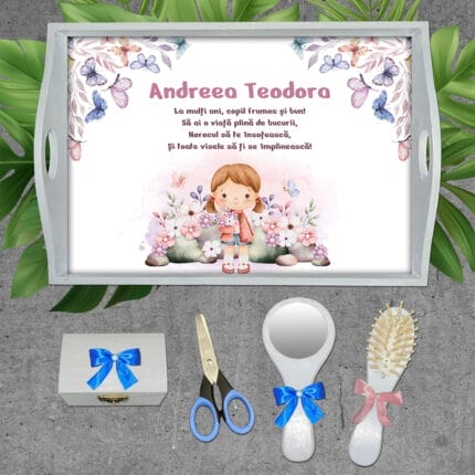 Tăviță moț pentru fetițe cu Flori - AMTMF-22 - set alb - amintirimagice.ro