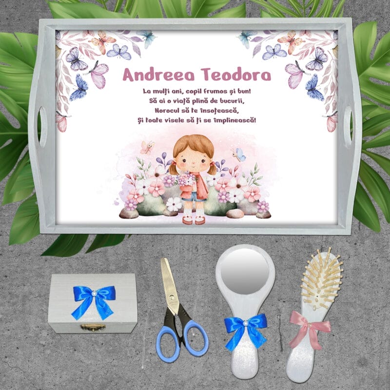 Tăviță moț pentru fetițe cu Flori - AMTMF-22 - set alb - amintirimagice.ro