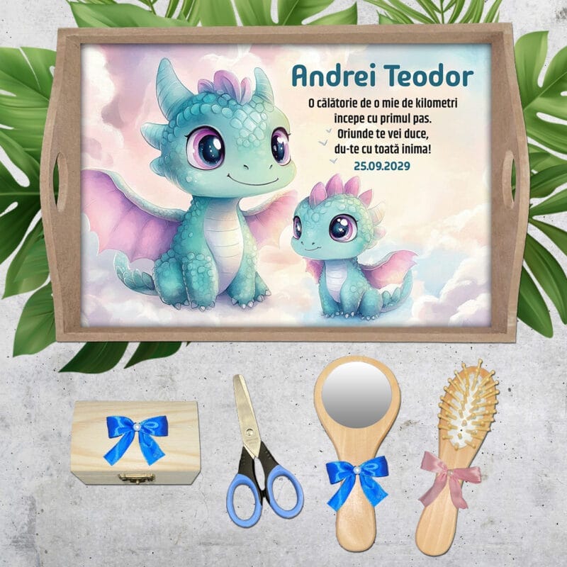 Micii Dragoni Set tăviță moț personalizat - AMTM-23 - set natur - AmintiriMagice.ro
