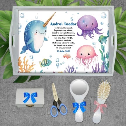 Tăviță moț personalizată Animale Marine - AMTM-24 - Set alb - AmintiriMagice.ro