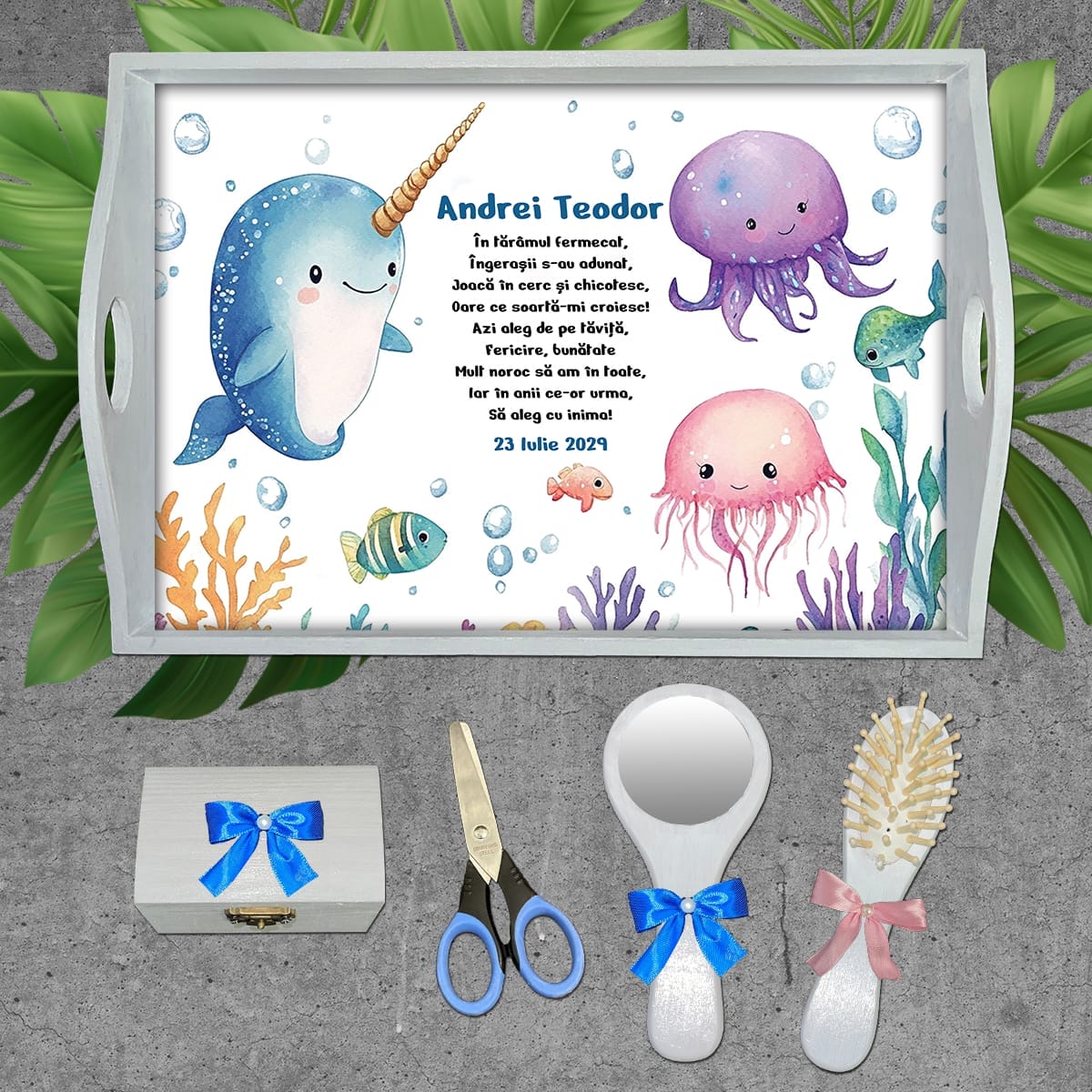 AMTM-24 set alb Tăviță moț personalizată Animale Marine - AMTM-24 - Set alb - AmintiriMagice.ro