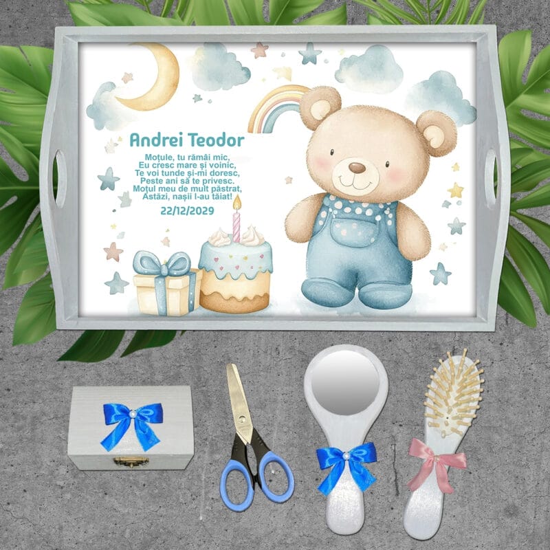 Tăviță Moț Băieți Ursuleț Drăguț - AMTMB-24 - set alb - amintirimagice.ro