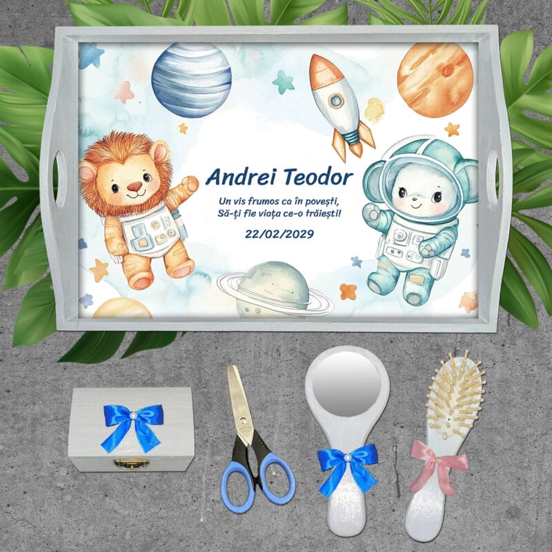 Tavă moț băieți Animăluțe în Spațiu - AMTMB-26 - set alb - amintirimagice.ro