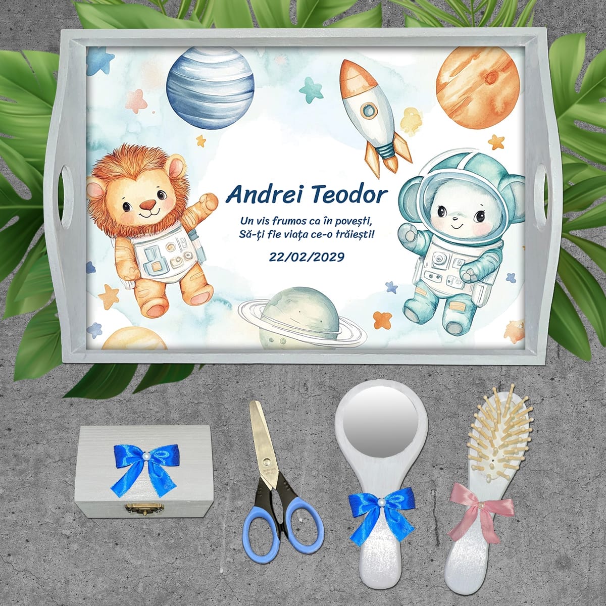 AMTMB-26 set alb Tavă moț băieți Animăluțe în Spațiu - AMTMB-26 - set alb - amintirimagice.ro