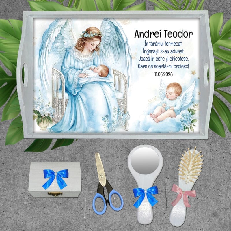 Set tăviță moț băieței cu Îngeraș - AMTMB-28 - set alb - amintirimagice.ro