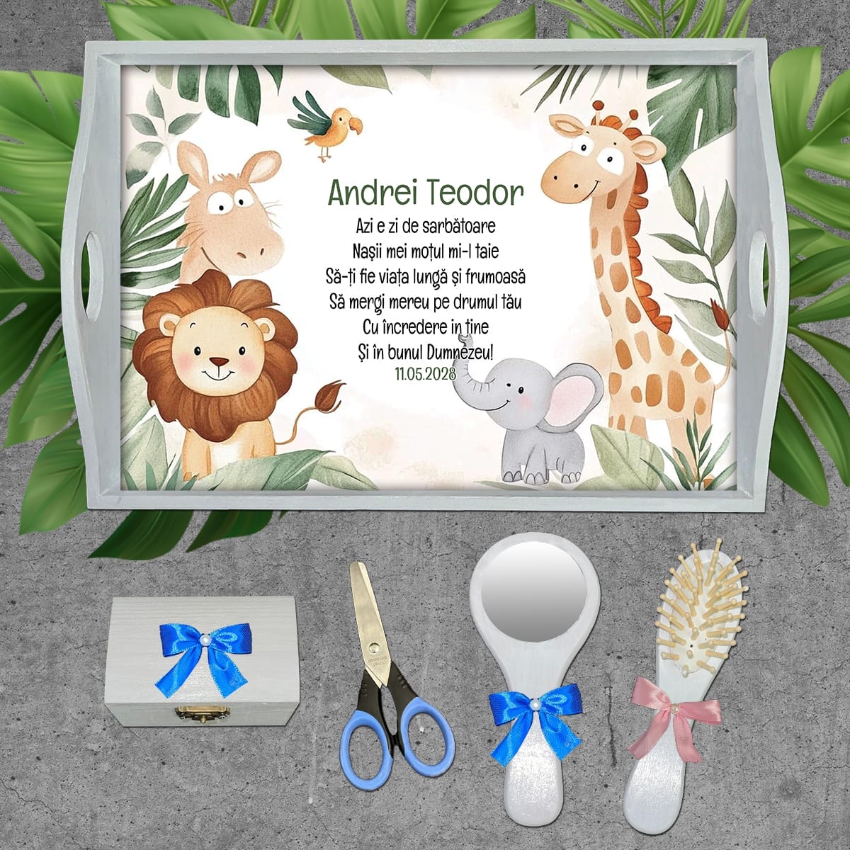 AMTMB-29 - set alb Tăviță moț personalizată Prietenii din Junglă - AMTMB-29 - set alb - amintirimagice.ro