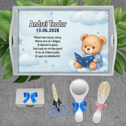 Taviță moț personalizată pentru băieți- AMTMB-35 - set alb - amintirimagice.ro