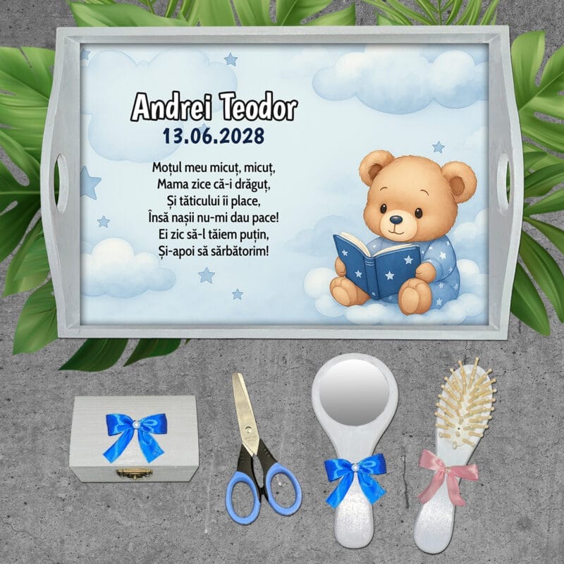 Taviță moț personalizată pentru băieți- AMTMB-35 - set alb - amintirimagice.ro