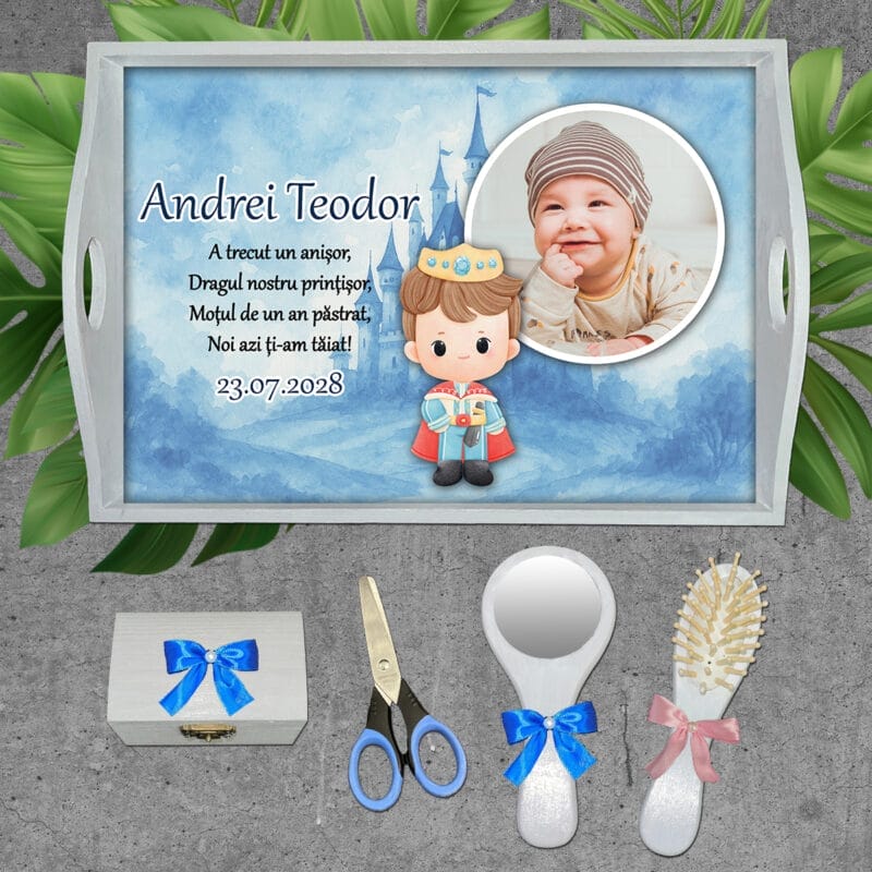 Tăviță moț băieți cu Poză și Prinț - AMTMB-37 - set alb - amintirimagice.ro