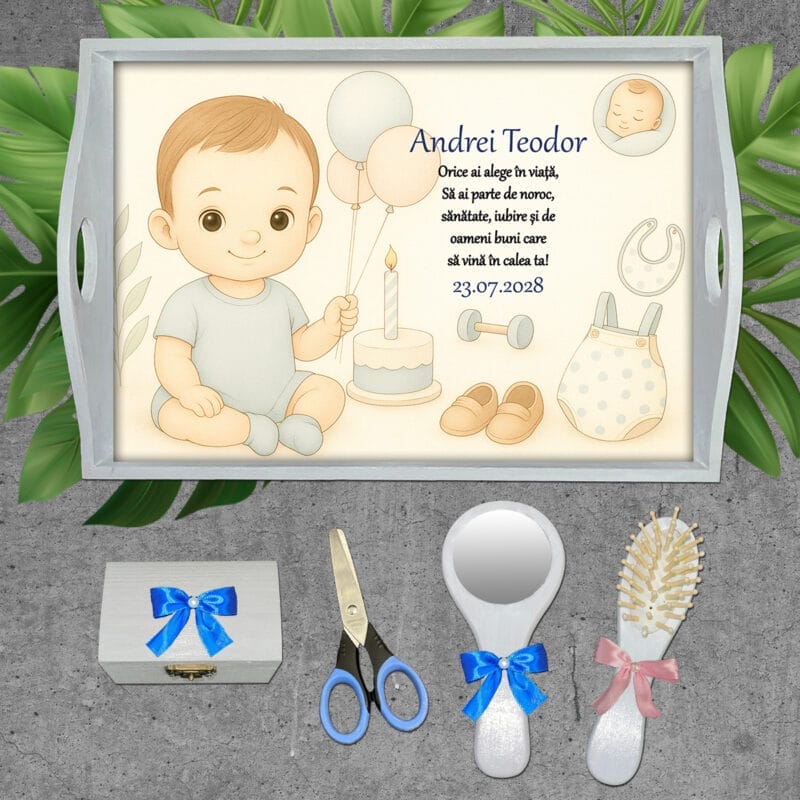Tavă moț personalizată Baby Boy - AMTMB-38 - set alb - amintirimagice.ro