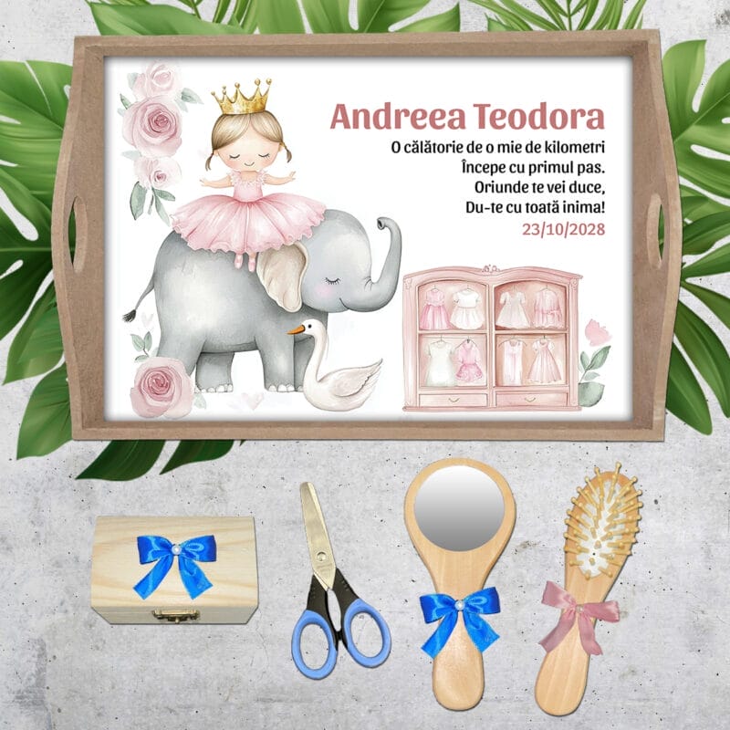 Set pentru turtă personalizat Balerină și Elefănțel - AMTMB-29 - set natur - amintirimagice.ro