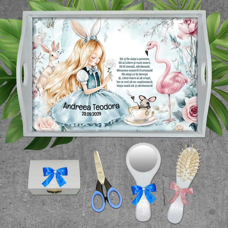 Tăviță moț fete Țara Minunilor - AMTMB-31 - set alb - amintirimagice.ro