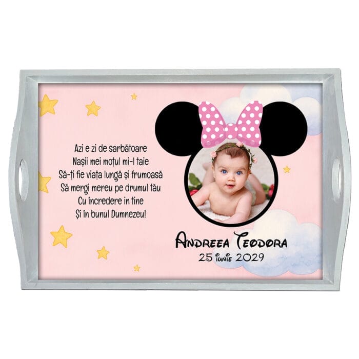 Tavă moț fetiță cu poză Minnie - AMTMB-32 - alb - amintirimagice.ro