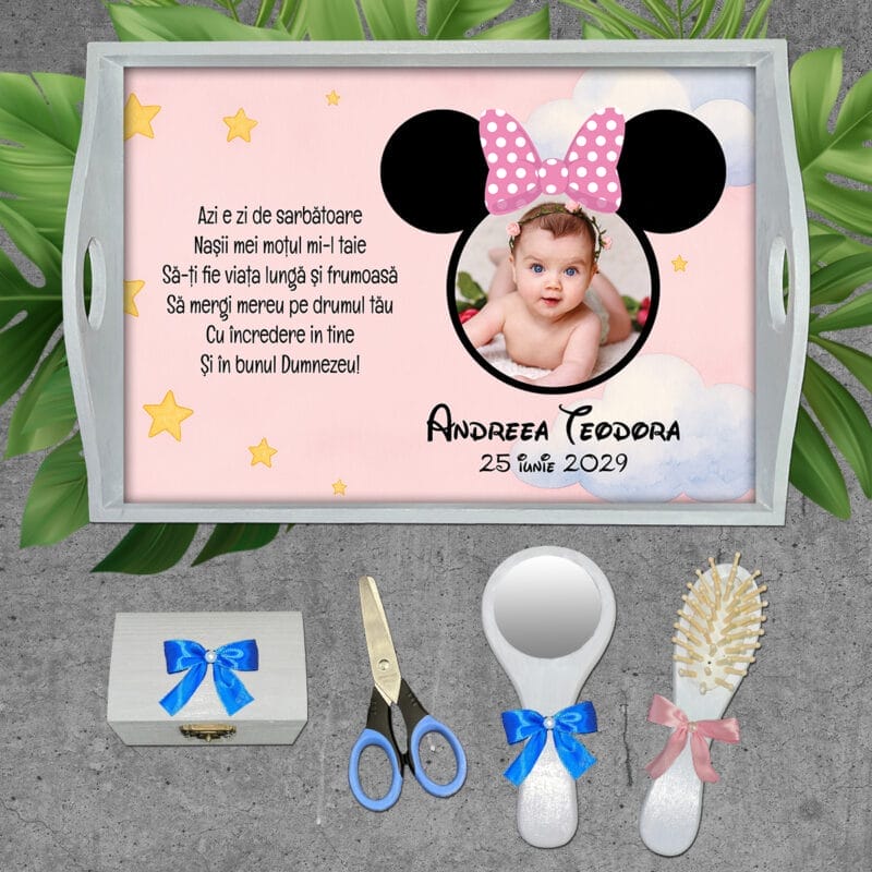 Tavă moț fetiță cu poză Minnie - AMTMB-32 - set alb - amintirimagice.ro