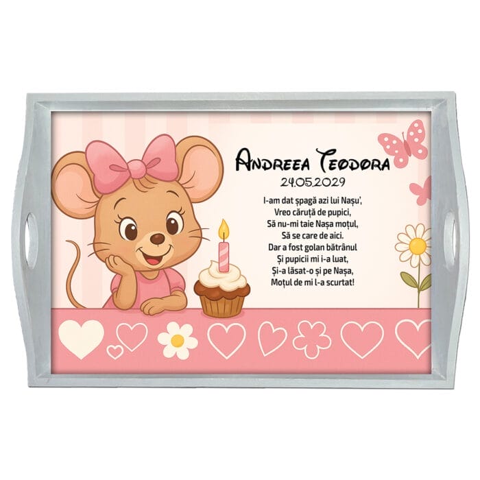 Șoricel roz - Tăviță moț fete - AMTMB-34 - alb - amintirimagice.ro