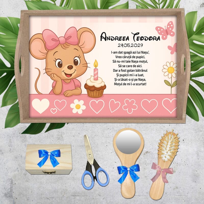 Șoricel roz - Tăviță moț fete - AMTMB-34 - set natur - amintirimagice.ro