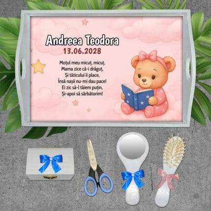 Tavă moț fete personalizată - AMTMB-35 - set alb - amintirimagice.ro