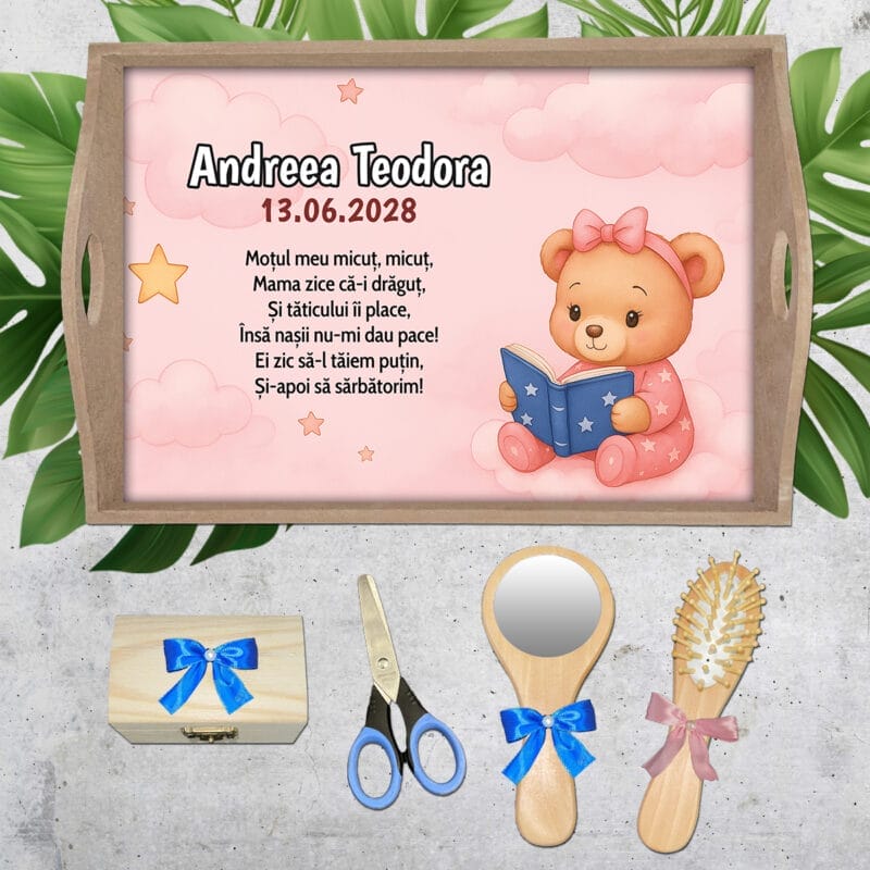 Tavă moț fete personalizată - AMTMB-35 - set natur - amintirimagice.ro