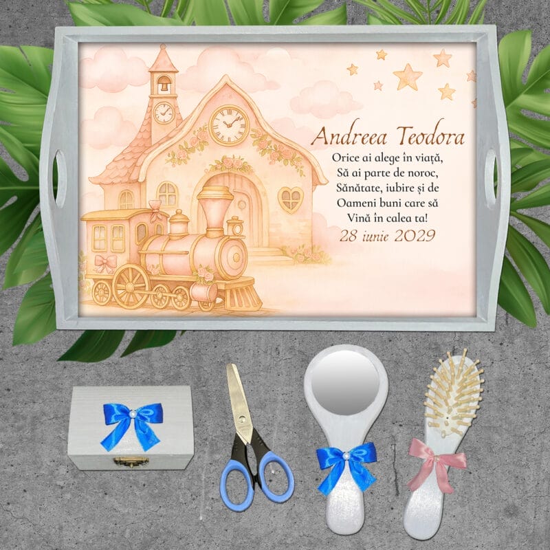 Tavă turtă fete Trenulețul Fermecat - AMTMB-36 - set alb - amintirimagice.ro