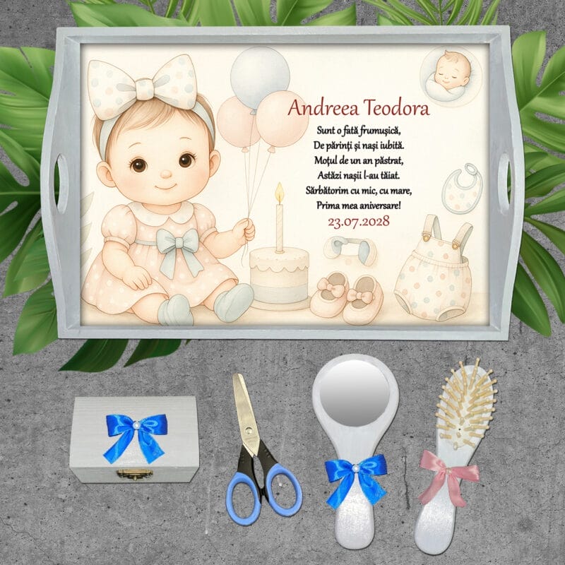 Tavă pentru moț personalizată Baby Girl - AMTMB-38 - set alb - amintirimagice.ro