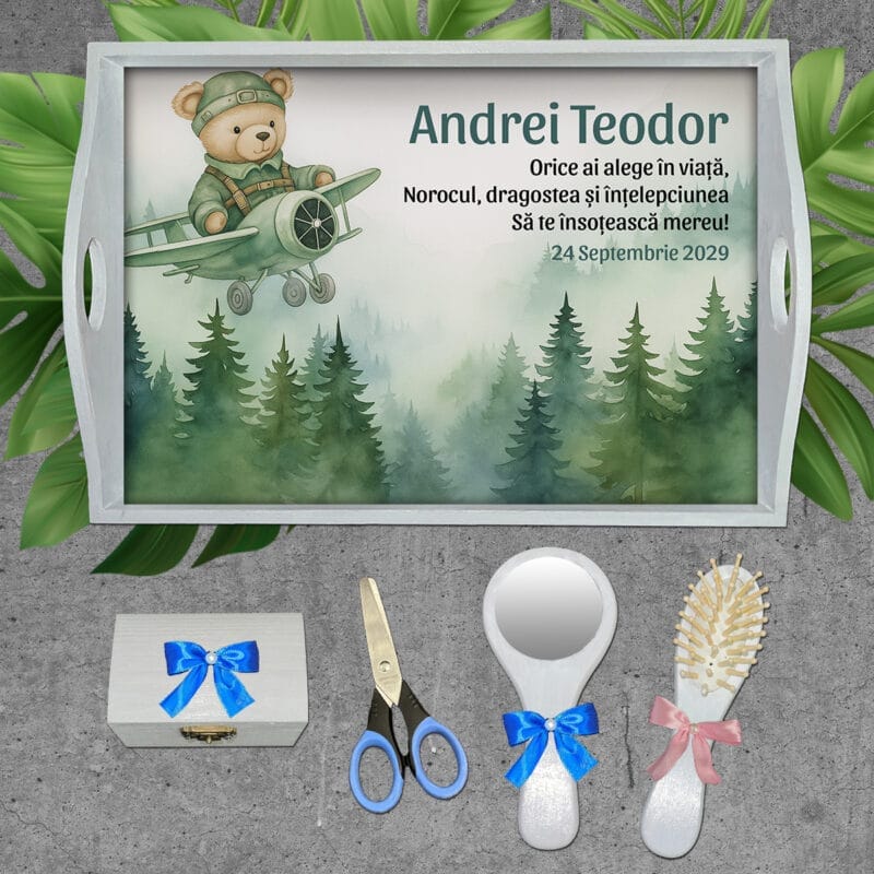 Tăviță moț personalizată - Ursuleț Aviator - AMTMB-42 - set alb