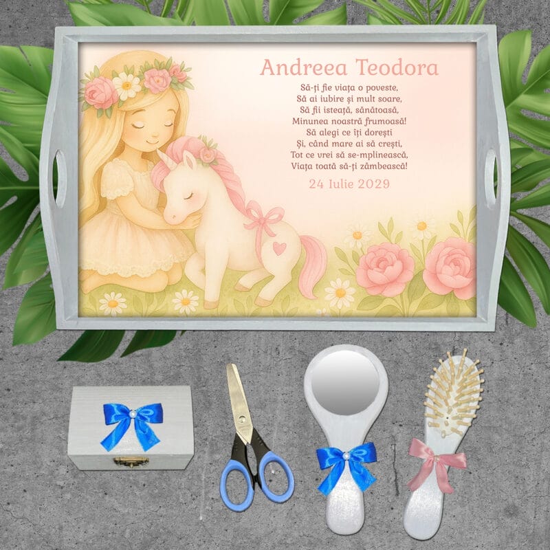 Tăviță moț pentru fete - Fetiță cu Unicorn - AMTMF-42 - set alb