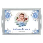 Tăviță Moț/Turtă cu poză și flori Albastre - AMTM-29 alb