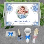 Tăviță Moț/Turtă cu poză și flori Albastre - AMTM-29 set alb