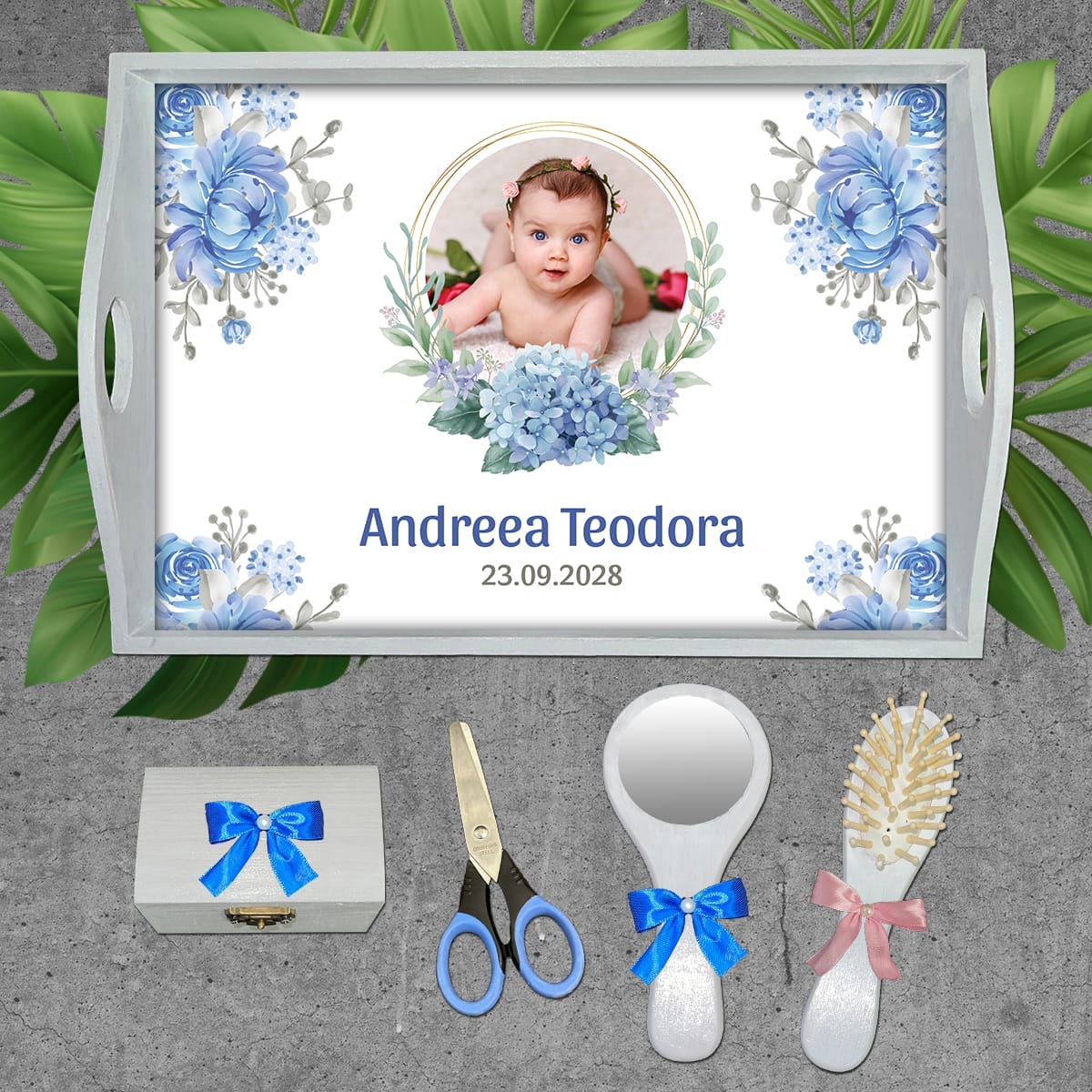 AMTM-29 set alb Tăviță Moț/Turtă cu poză și flori Albastre - AMTM-29 set alb